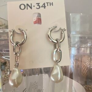 On•34th Silver and Pearl Drop Earrings